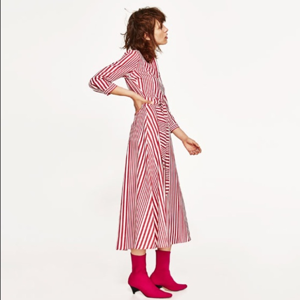 NWT Zara Red White Striped Belted Shirt Midi Dress - Picture 7 of 8